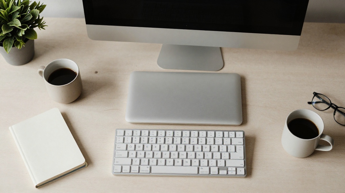 Aufgeräumter Arbeitsplatz mit modernem Monitor, mechanischer Tastatur und Notizbuch.