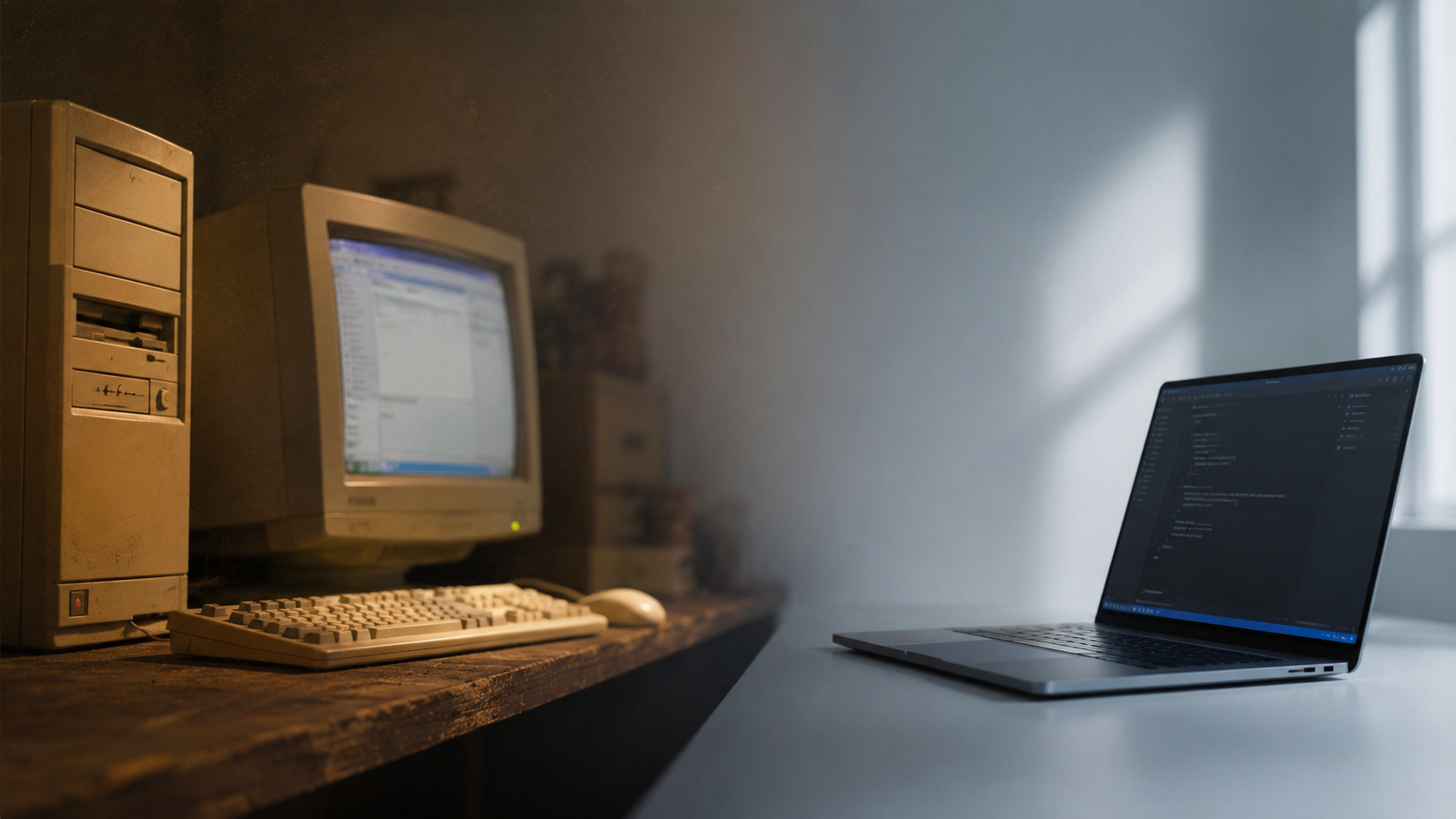 Beige 90er-Jahre-Tower mit CRT-Monitor neben einem modernen Laptop mit dunklem Editor — Sinnbild der Software-Modernisierung.