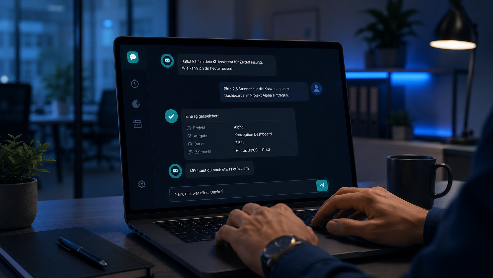 Diagramm: KI-Agent erfasst Arbeitszeit automatisch aus Kalender, Mail, Ticketsystem und ordnet sie Projekten und Kostenstellen zu