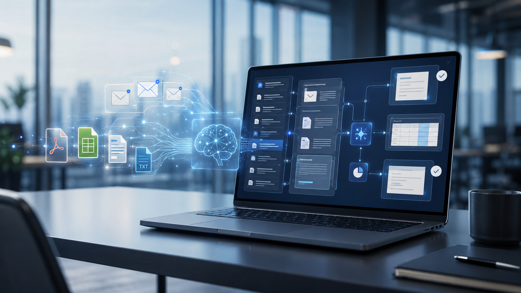 Dokumentenautomatisierung mit KI: PDF, Excel, Mail und Datenbank fließen in eine intelligente Pipeline zur Klassifikation und Extraktion