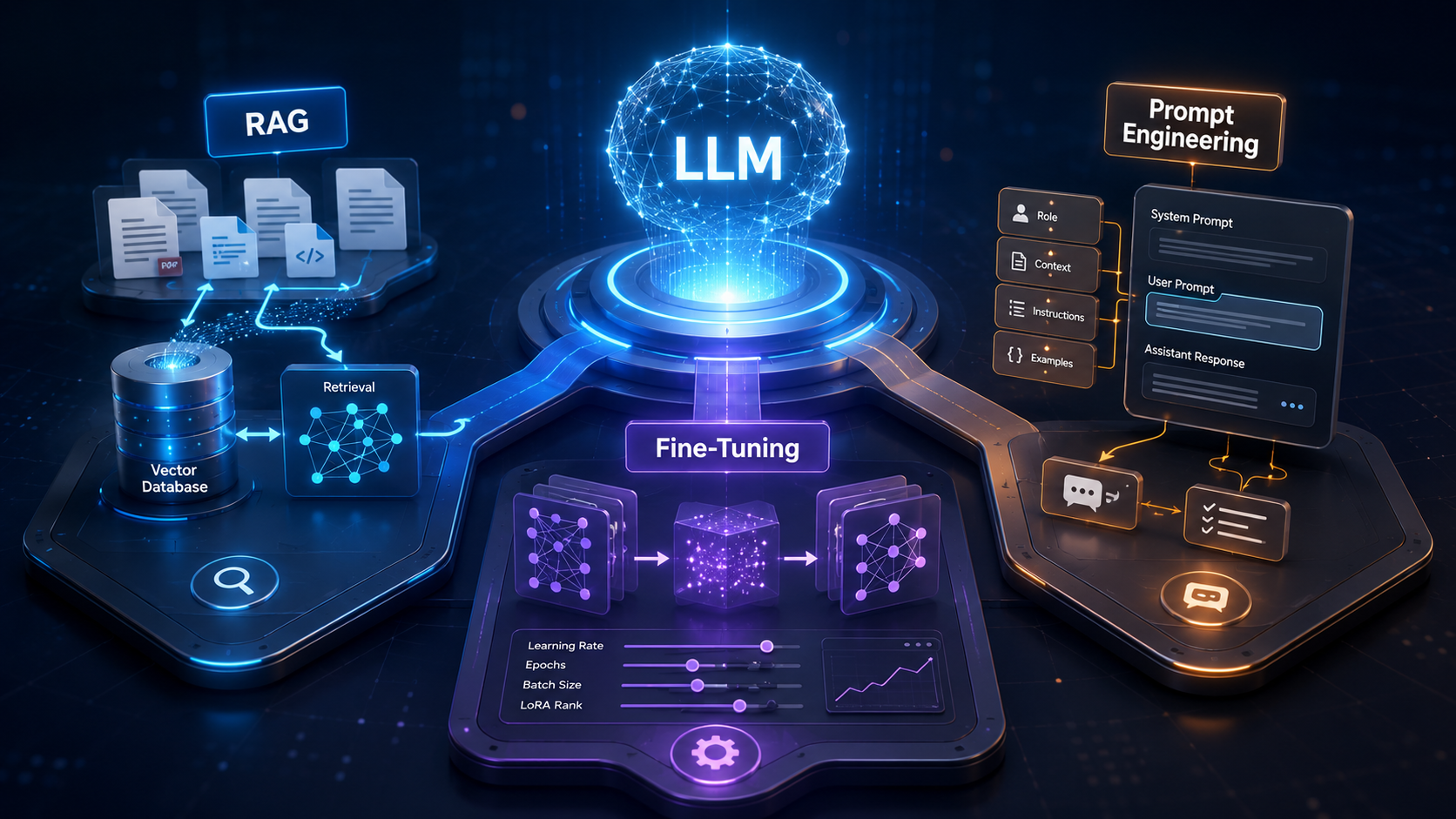 Entscheidungsmatrix zwischen RAG, Fine-Tuning, LoRA, Prompt Engineering und Distillation