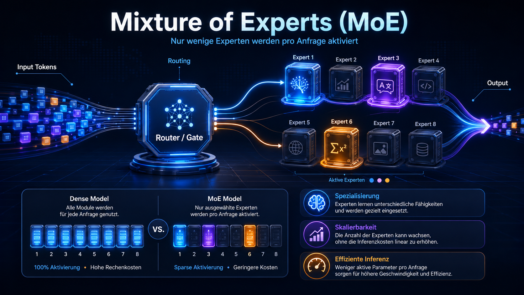 Diagramm: MoE-Architektur mit Router, mehreren Experten und sparser Aktivierung