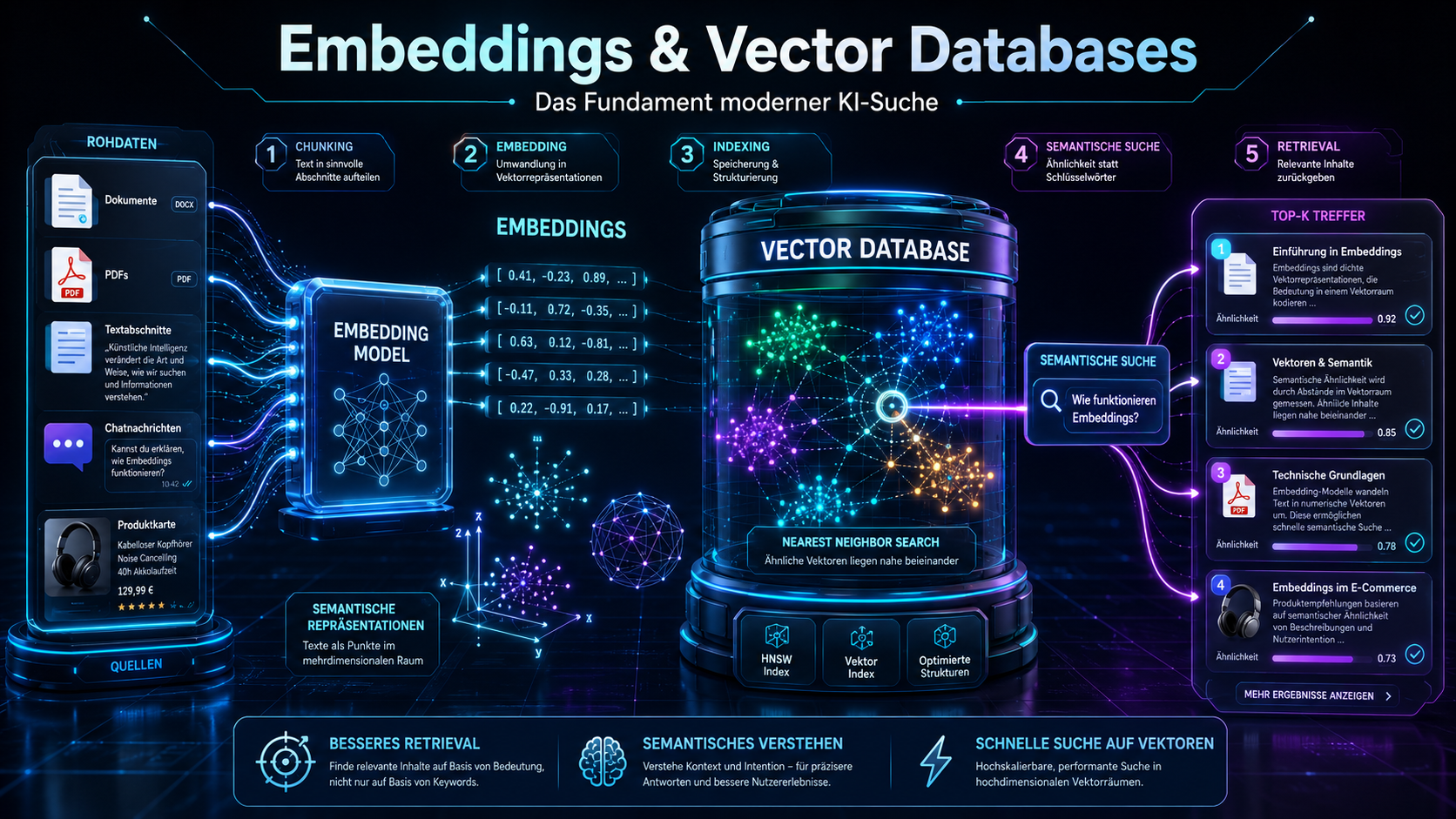 Diagramm: Text wird in Embedding-Vektor umgewandelt und in einer Vector Database verortet