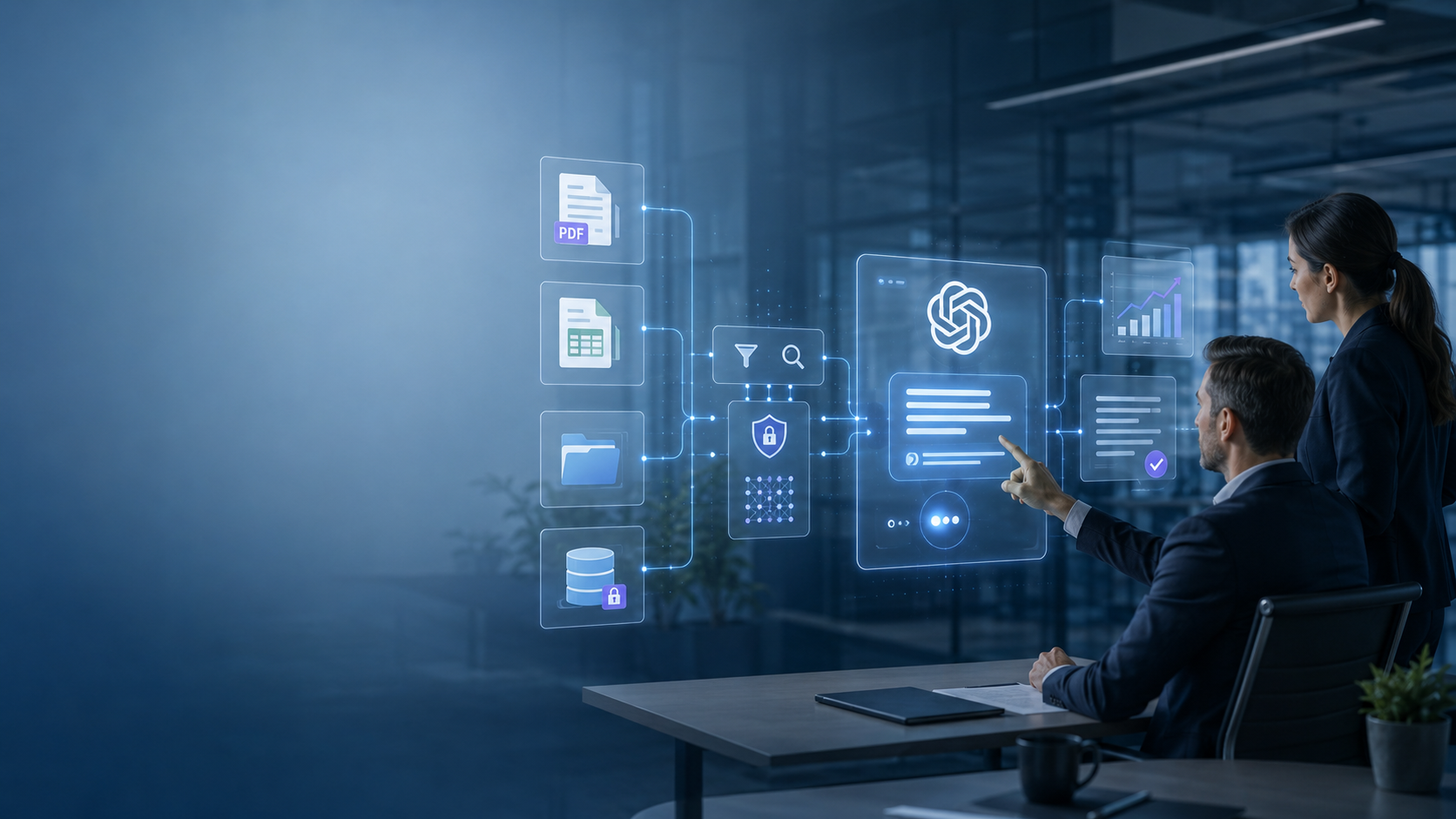 Architekturdiagramm: ChatGPT verbunden mit firmeneigenen Datenquellen über eine RAG-Pipeline