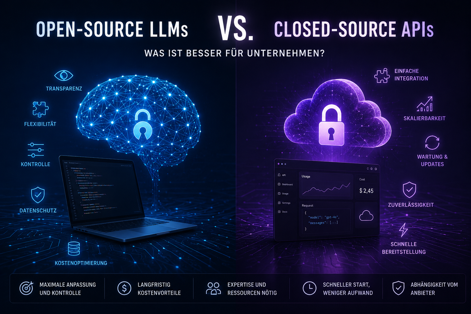 Gegenüberstellung von Open-Source- und Closed-Source-LLMs entlang sieben Kriterien