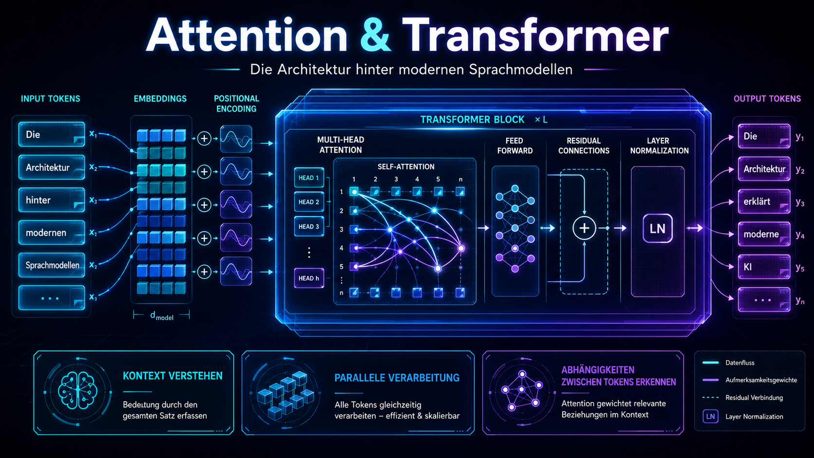 Diagramm eines Transformer-Blocks mit Attention- und Feed-Forward-Layern
