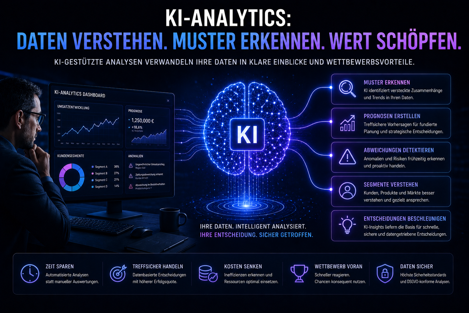 Diagramm: Schichtmodell aus Input-Guardrails, LLM, Output-Guardrails und Eval-Pipeline