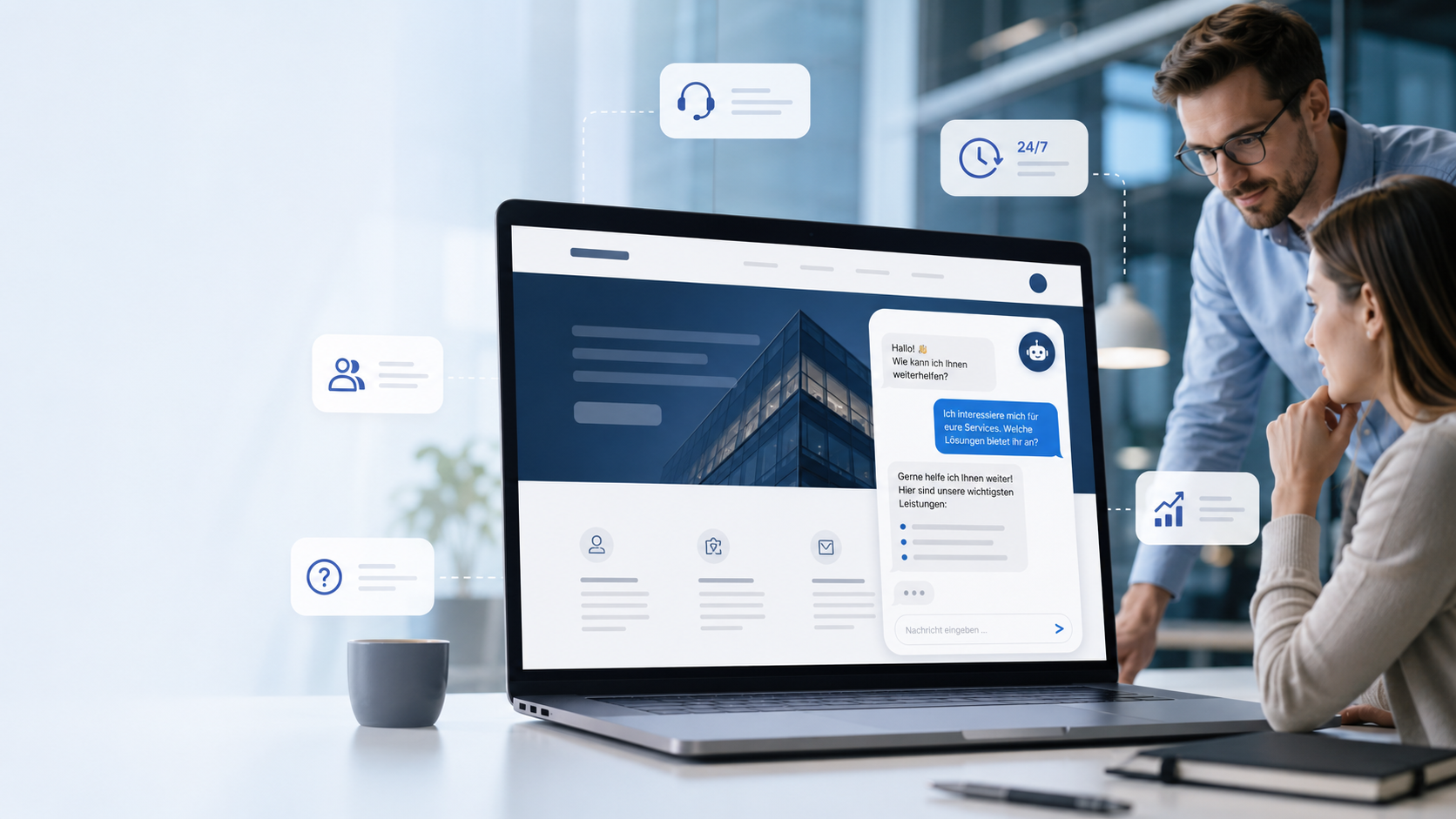 Laptop-Ansicht einer Unternehmenswebsite mit eingebettetem KI-Chatbot, der eine Anfrage beantwortet