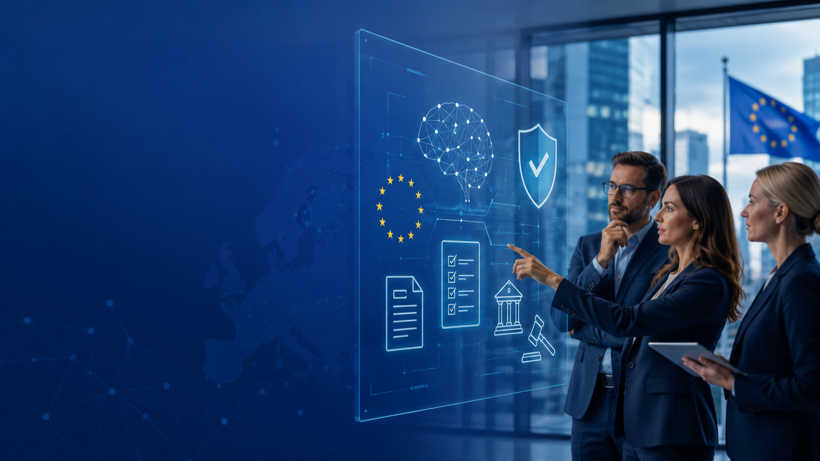 Visualisierung der EU-AI-Act-Risikokategorien mit Europaflagge und Compliance-Symbolen
