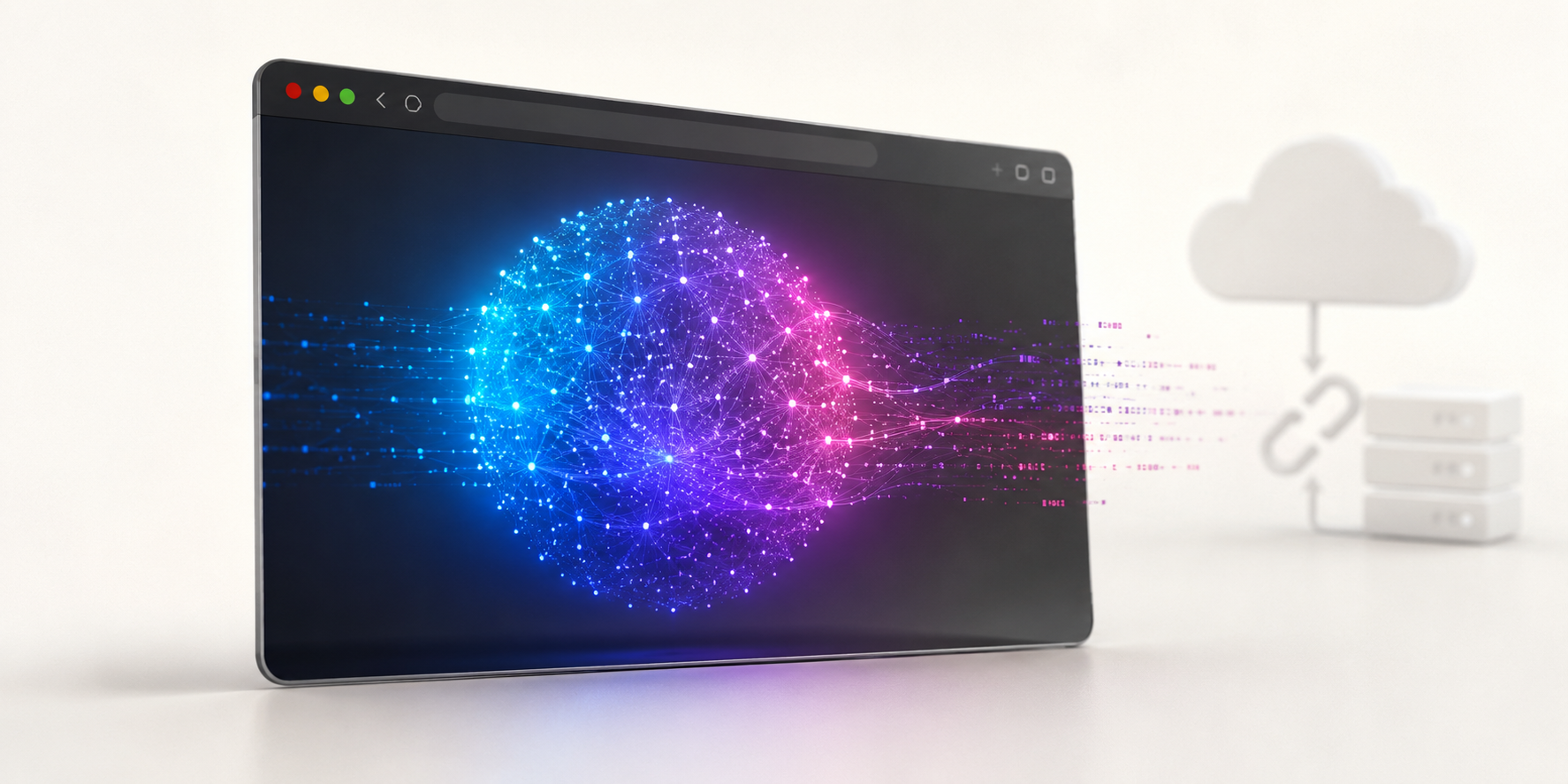 Ein Browserfenster mit einem kleinen leuchtenden neuronalen Netz, getrennt von der Cloud — ein LLM, das lokal im Browser läuft